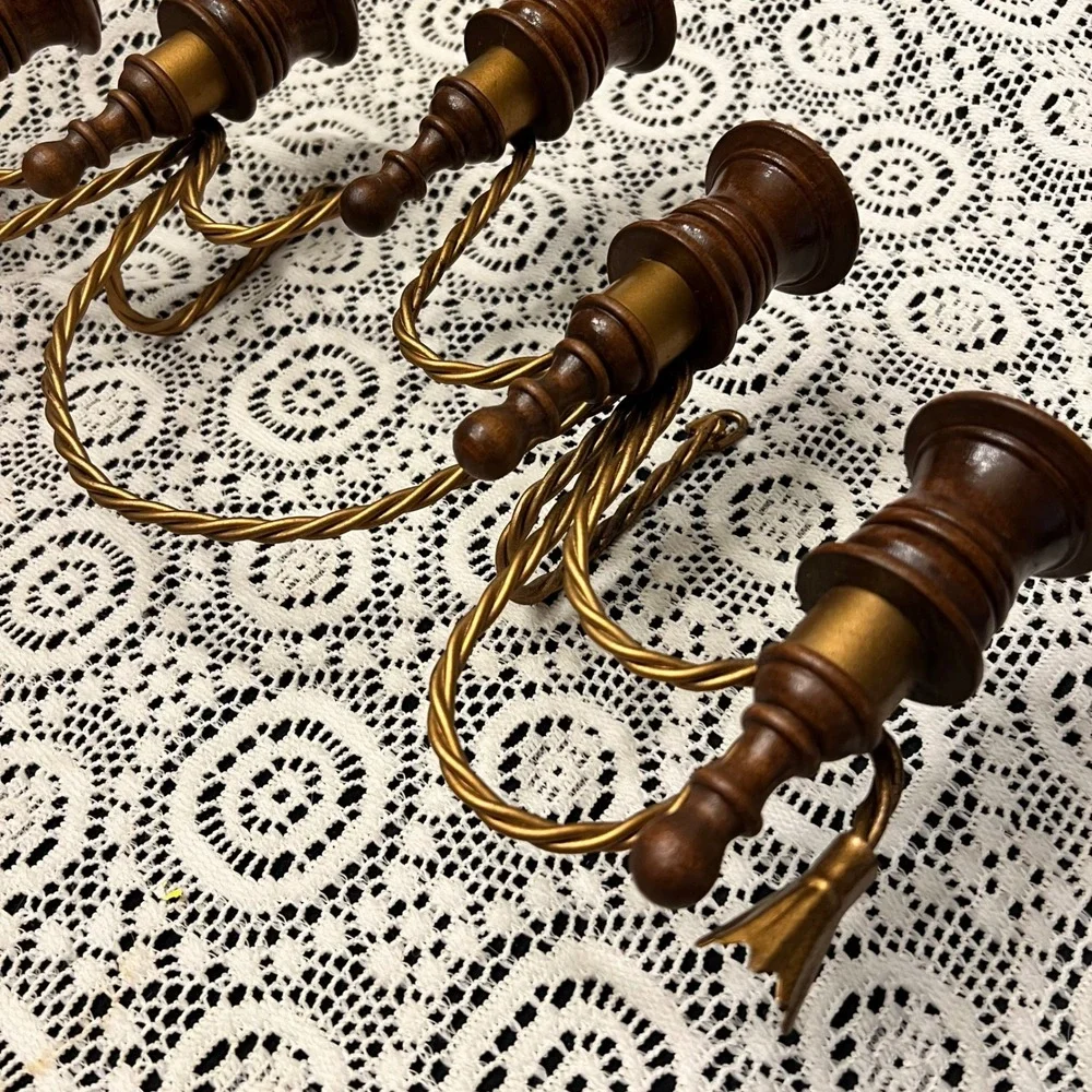 Vintage Mid-Century Five Arm Decorative Wood Brass Glass Candleabra | Cottage